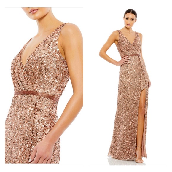 Mac Duggal V Neck High Slit Sequined Wrap Gown Size 12 - Picture 1 of 15